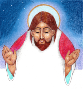 Riikka Juvosen kuvitus: Jeesus kädet siunaavassa asennossa