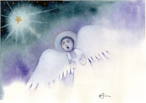 Piirroskuvassa kirkas tähti vasemmassa yläkulmassa ja oikealla alakulmassa valkoinen enkeli