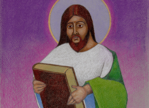 Riikka Juvosen kuvituksessa Jeesus pitää käsissään suurta Raamattua