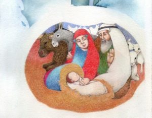 Pohjolan jouluseimi -piirroksessa Jeesus-lapsi, Maria ja Joosef sekä kaksi aasia, kolme lammasta ja kaksi kyyhkystä ovat lämpöisen lumiluolan sisällä lumisen metsän keskellä
