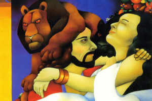 Akvarellissa nainen ja mies ovat sylikkäin, taustalla näkyy leijona.