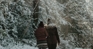 Kaverukset kävelevät talvisessa metsässä selkä kameraan