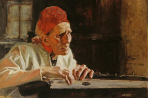 Albert Edelfeltin maalauksessa Larin paraske soittaa pirtissä kannelta ja laulaa.