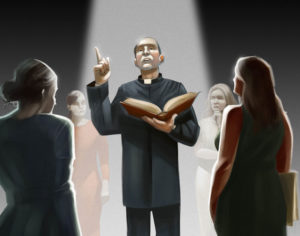 Mies seisoo naisten keskellä Raamattu kädessä ja sormi pystyssä